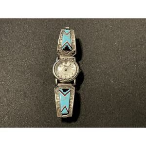 Vintage Sterling Turquoise MOP Face Artist Nadia Signed Native Wrist Watch